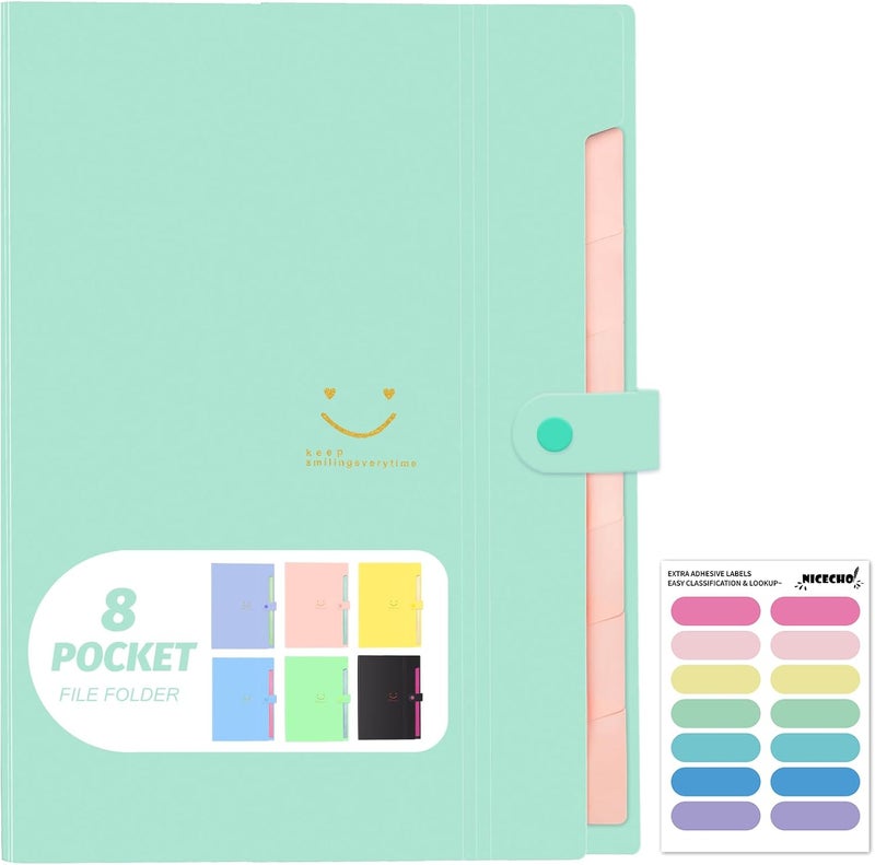 Nicecho Expanding File Folder, 8 Pockets Accordion File Organizer, A4 Letter Size Paper Document Receipt Organizer Accordian Filing Folder for Classroom, Home, Office and Travel(Green) - Image 1